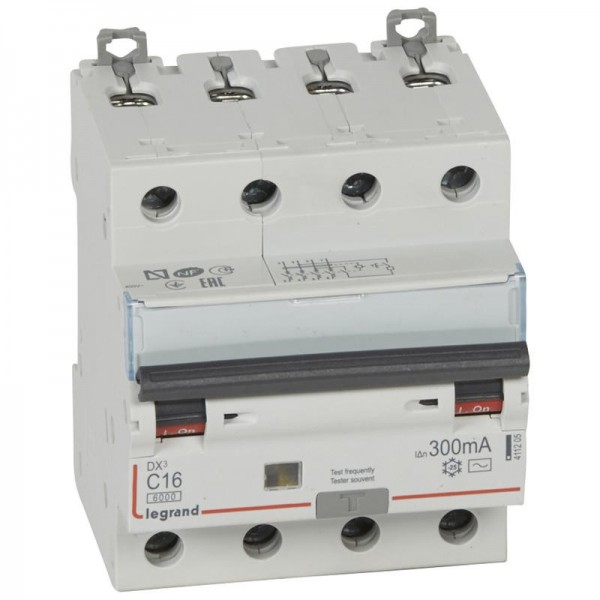Disjoncteur différentiel tétrapolaire 16A type AC 300mA DX3 6000-10kA 400V Legrand Réf: 411205