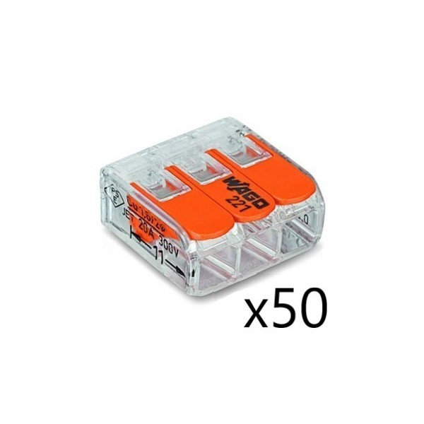 Borne de raccordement Compact Universelle - max 4 mm² - 3 conducteurs - avec levier (50 pièces) Transparent Wago Réf. 221-413