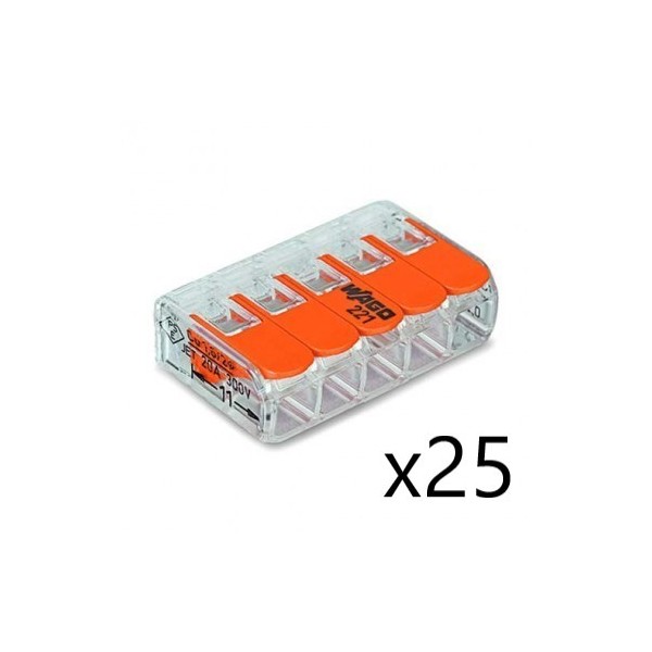 Borne de raccordement Compact Universelle - 5 conducteurs 4 mm² - avec levier (25 pièces) Transparent Wago Réf. 221-415