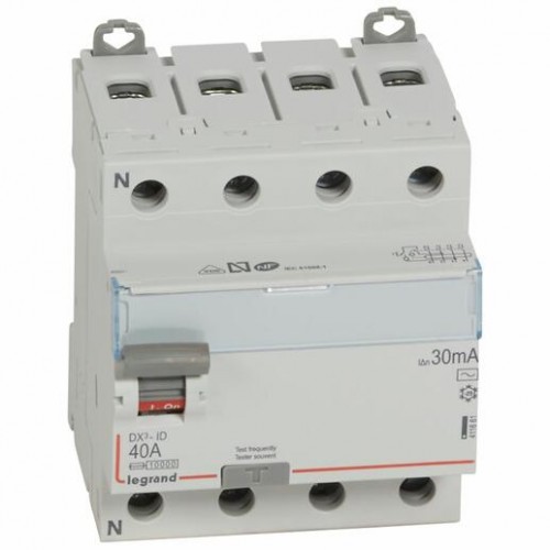 Interrupteur Différentiel DX³-ID 40A Type AC 30mA arrivée haute et départ bas à vis - 4P 4000V~ - 4 modules Legrand Réf. 411661